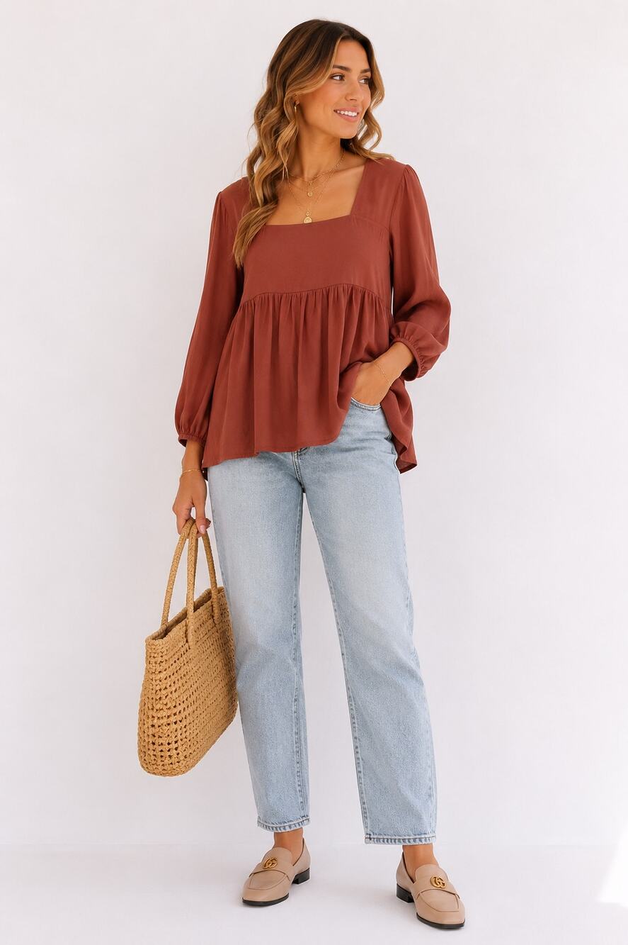Dolan Left Coast Rust Babydoll Blouse Small Square Neck Long Sleeve Fall Boho
